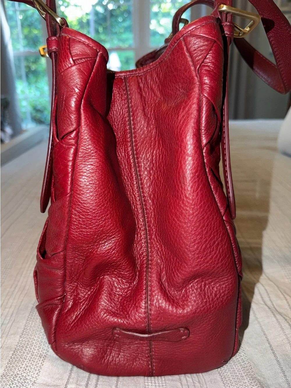 Cole Haan Burgundy Prudence Tote Bag featuring braided leather design